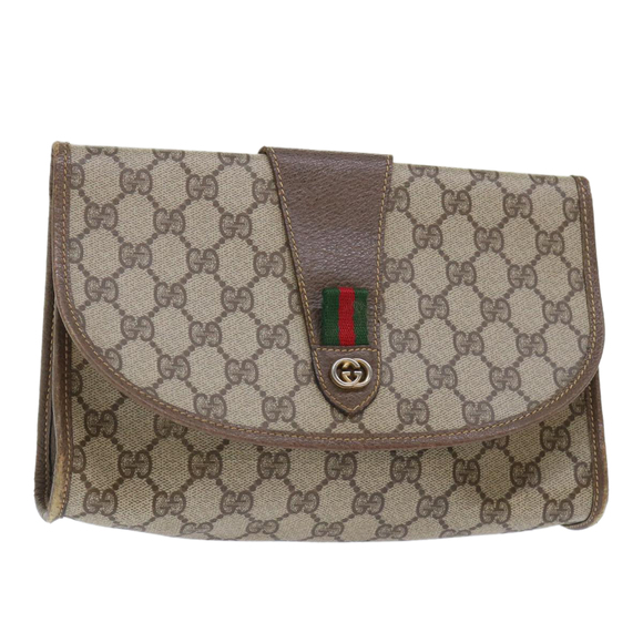GUCCI GG Canvas Web Sherry Line Clutch Bag PVC Leather Beige Red Auth ep1335 - Picture 1 of 16
